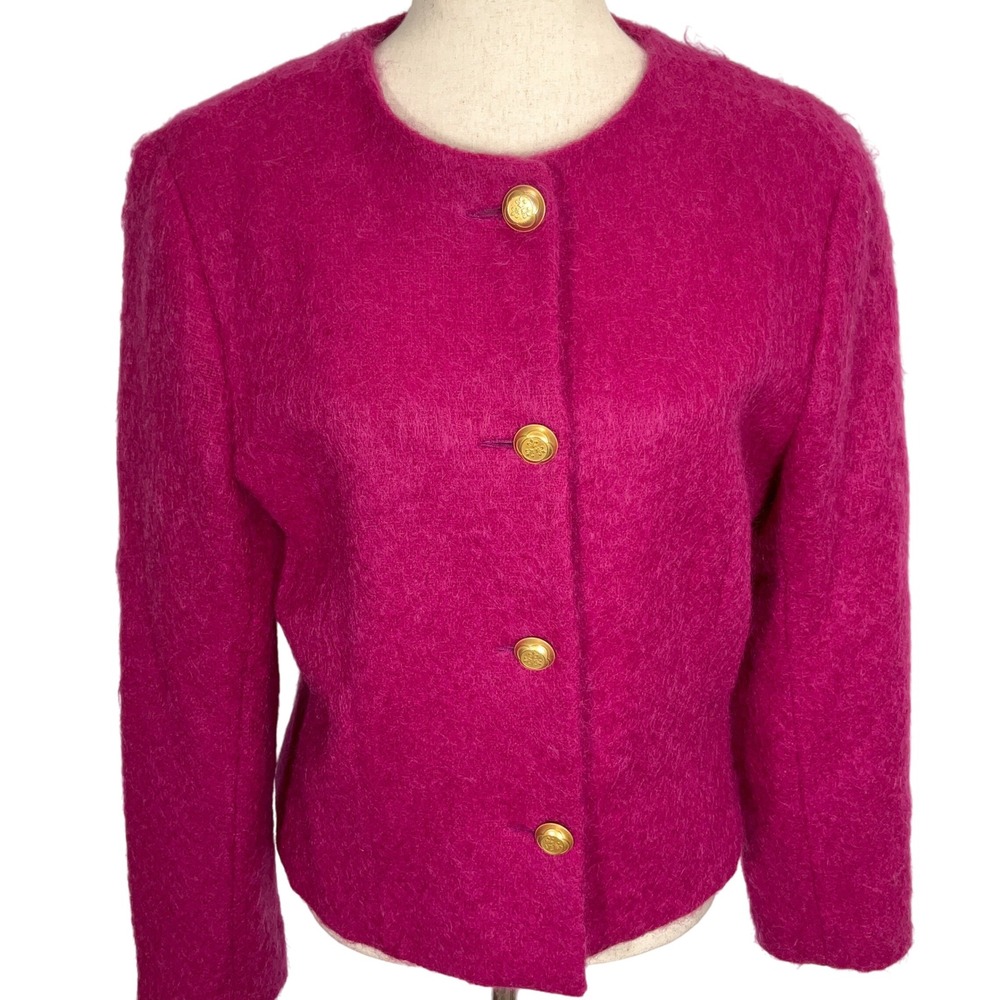 Harris Wallace NY Cardigan Women 8 Fuchsia Pink Gold Buttons Mohair‎ Jacket